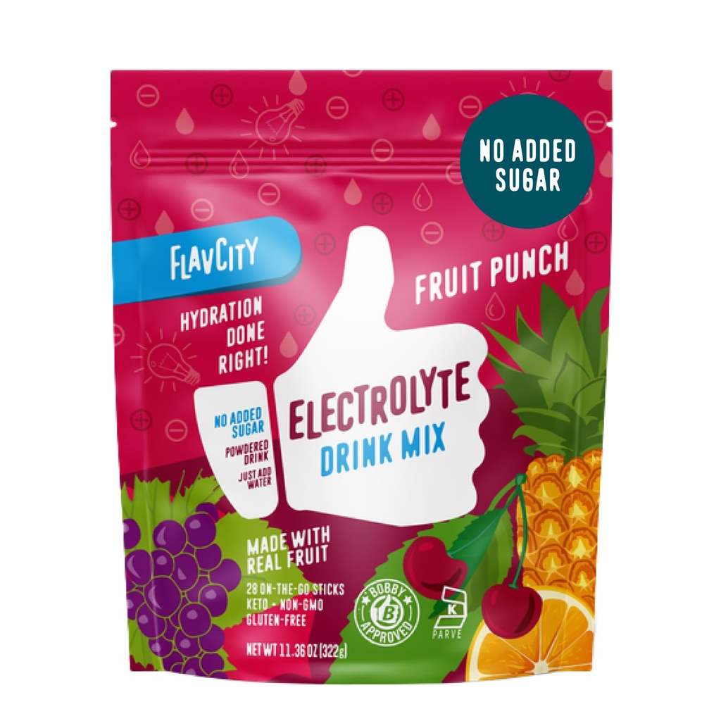 FlavCity フルーツ パンチ 電解質パウダー パケット - 28 水分補給パケット - 砂糖なし - 実の果物と未精製海の塩 - Keto & Gluten-Free (28 スティック パック)