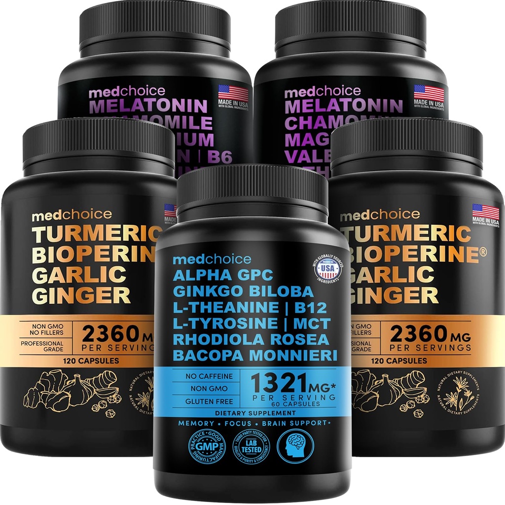 MEDCHOICEターメリック&ジンジャー(240ct)、睡眠メラトニン(180ct)、および向知性脳(60ct)サプリメントバンドル - 脳のためのウェルネストライオ、睡眠、免疫サポート - ビーガン、非GMO、グルテンフリー