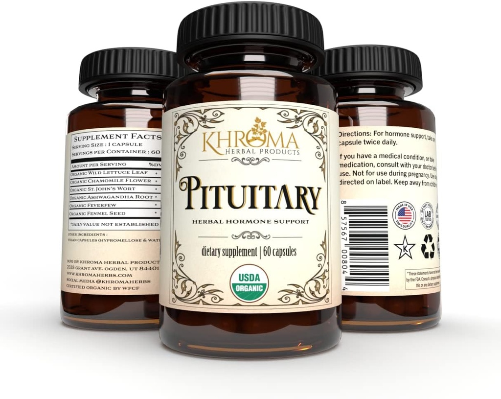 Organic Pituitary Blend - 60 Vegan Capsules in a Glass Bottle - for Maximum Pituitary Support - by Khroma Herbs