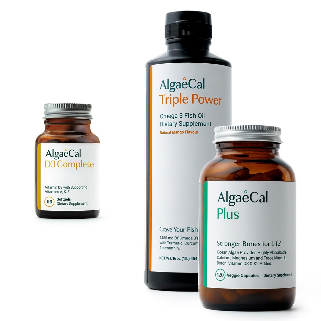 ALGAECALバンドル - ビタミンD3完全(1000 IU) + ビタミンK2、E&amp; A&amp;植物ベースのカルシウム より強いボン&フィッシュオイルオメガ3 1200mg EPA DHA