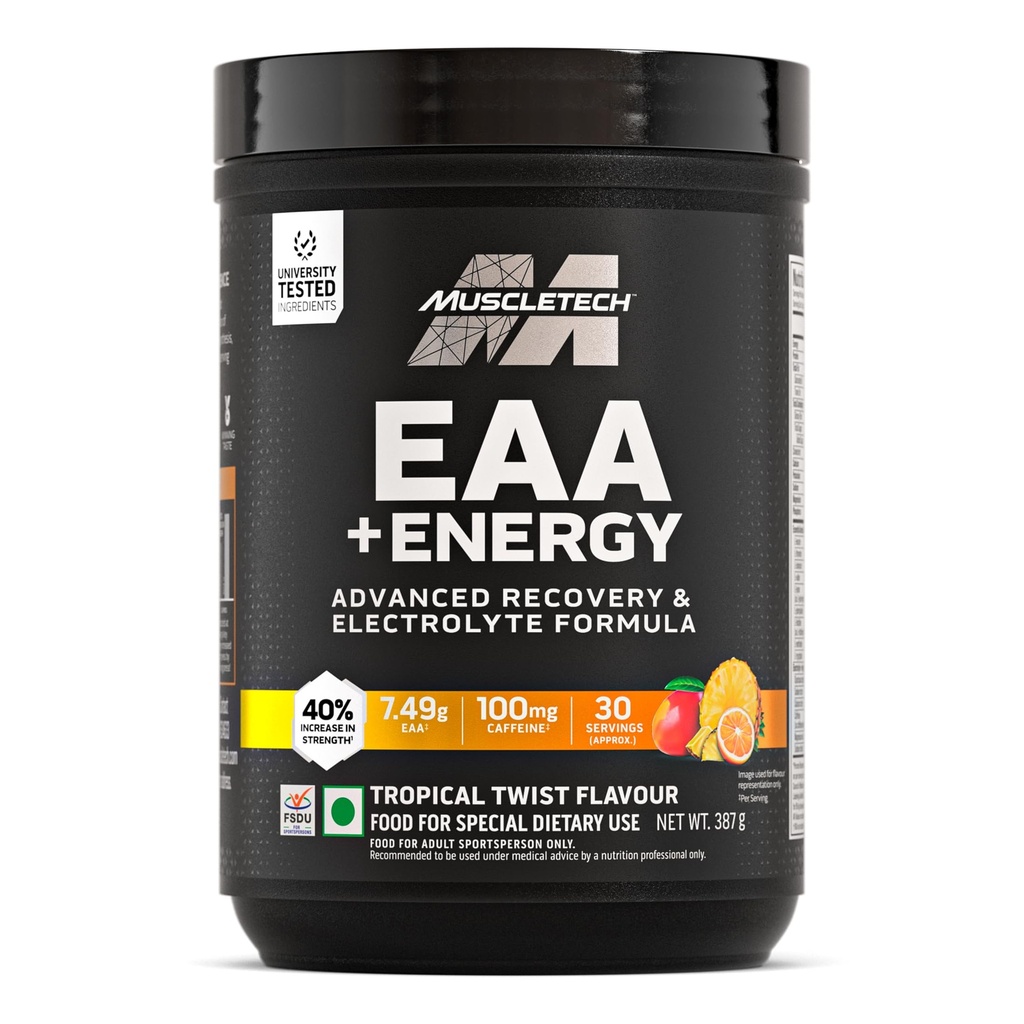 MuscleTech Eaa + Energy | Essential Amino Acids + 100Mg Caffeine | Replenish Electrolytes | Ultimate Recovery 7.4 grams Eaa | 4.5 grams Bcaa | 3 grams Leucine | 30 Servings | Tropical Twist