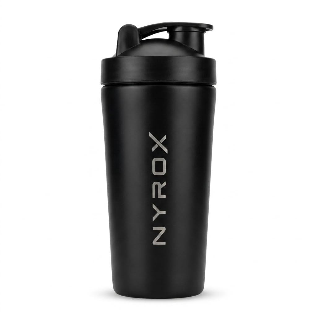 NYROX Stainless Steel Gym Shaker Bottle 750ml - Leakproof Protein Shaker with Measurement Markings (Stealth Black)