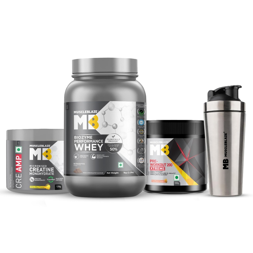 MuscleBlaze Biozyme Whey 1kg + Pre Workout 100g + Creatine 120g + Shaker
