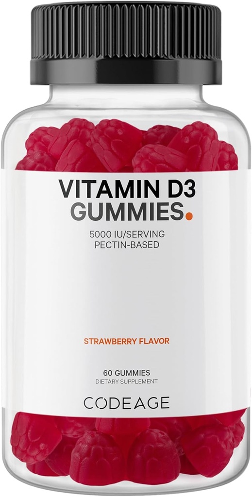 Codeage Vitamin D3 Gummy Vitamins, Vitamin D3 5000 IU Gummies Cholecalciferol 125 mcg - 2-Month Supply - Soft Pectin-Based, Animal Gelatin-Free Vitamins Gummy, Strawberry, Gluten-Free - 60 Gummies