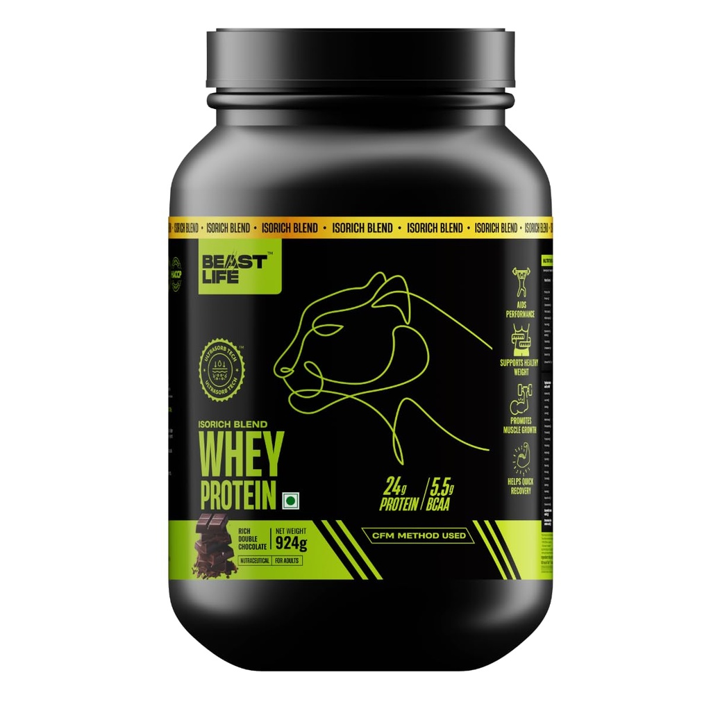 BeastLife Isorich Whey Protein Isolate Powder | 2 Lbs | Rich Chocolate| Fast Muscle Growth & Recovery| No Artificial Sweeteners| Ultrasorb Tech For Fast Digestion|NABL Lab Certified | 24g Protein, 5.3g BCAA | No Bloating