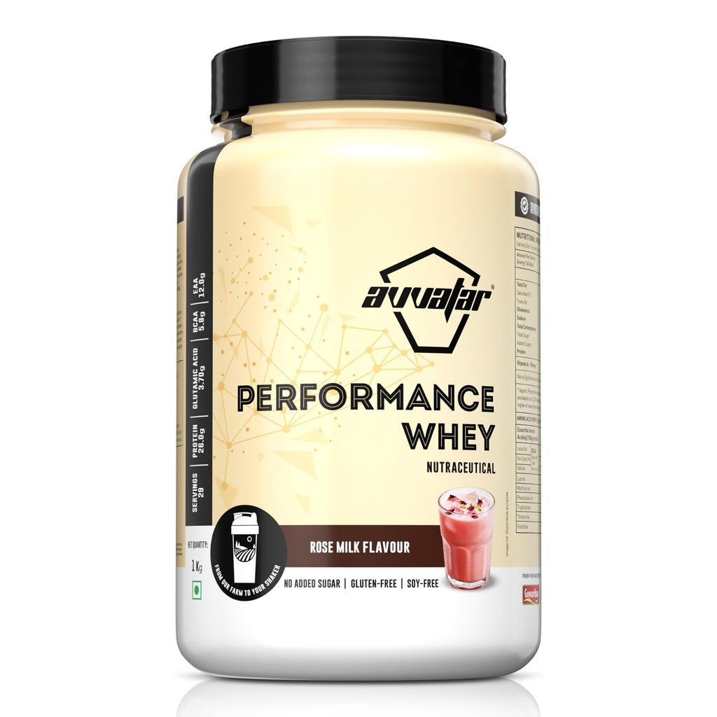 avvatar PERFORMANCE WHEY PROTEIN | 1Kg | Rose Milk Flavour | 26g Protein | 29 Servings