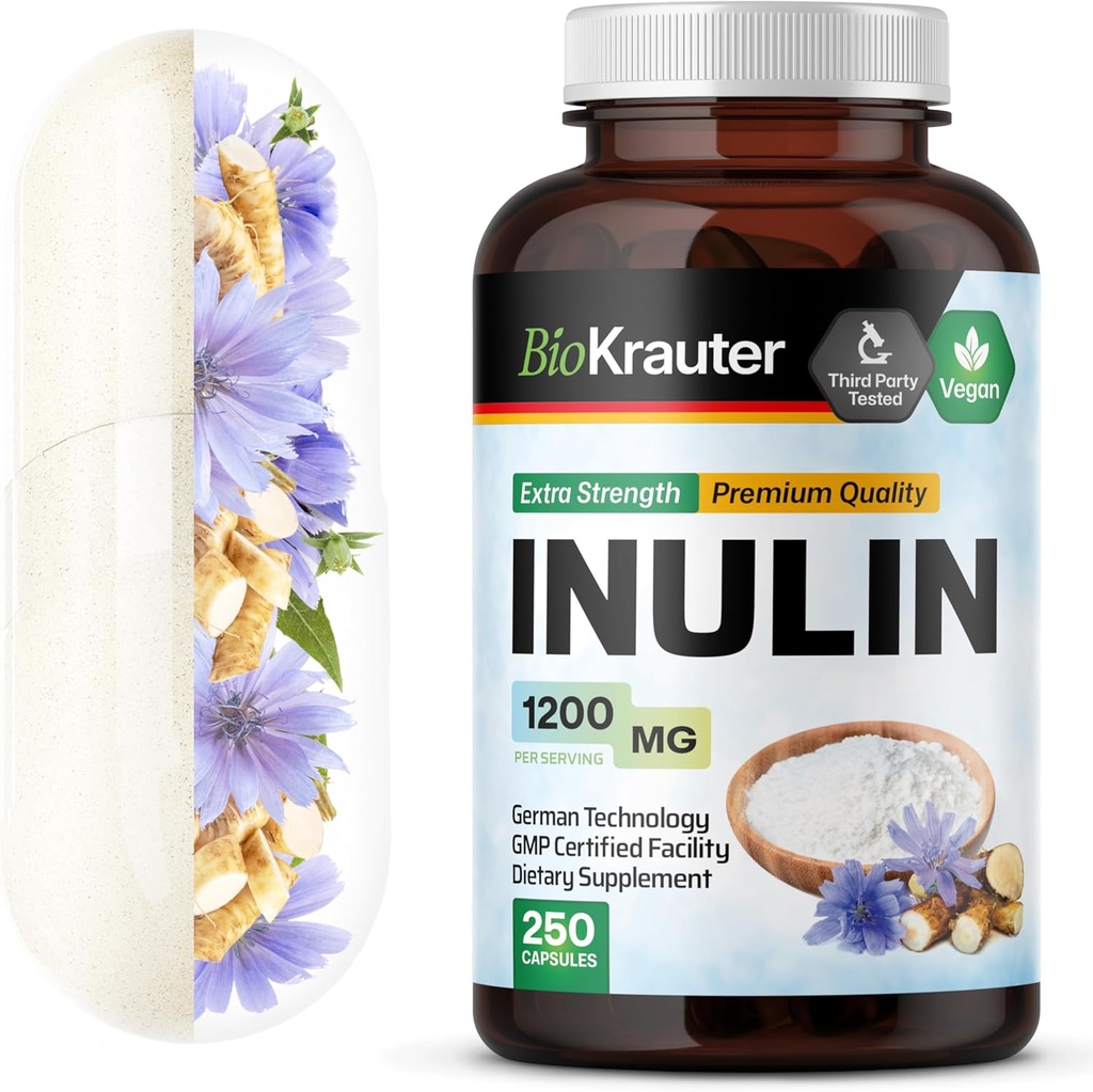 BIO KRAUTERインリンパウダーカプセル - インリンプレバイオ繊維 1200 mg 強度 - 250 カウント - 純粋な溶性繊維サプリメント - 消化管サポートのためのシックなルート繊維のカプセル - ビーガン