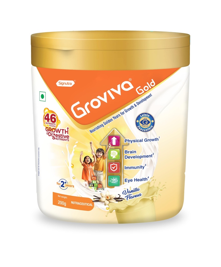 Groviva Gold Milk Protein Powder for Kids | 2-6 Years | 200g Vanilla Jar| 46 Nutrients | Growth & Digestive Nutrients | Supports Physical Growth, Brain Development, Immunity & Eye Health