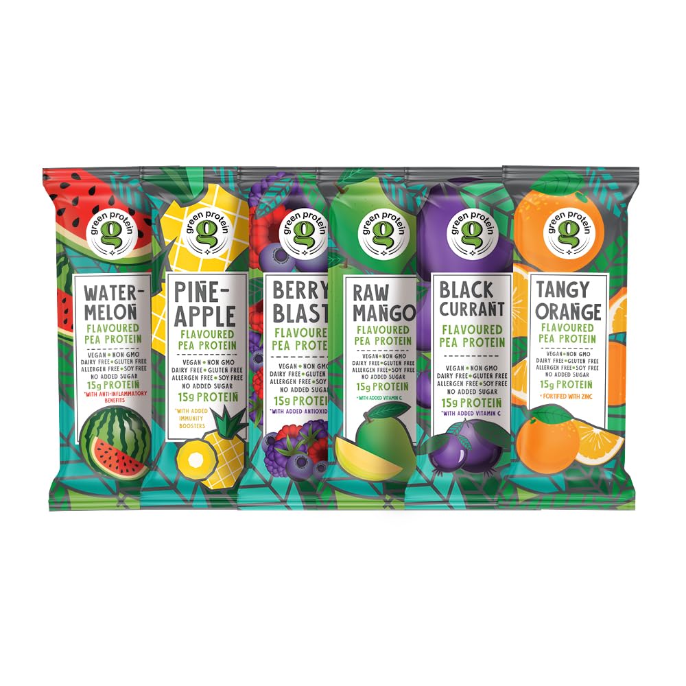 GREEN PROTEIN Plant Protein Isolate Powder Dairy, Gluten, Allergen, Soy Free Pineapple, Black Currant, Berry Blast, Mix Fruit, Raw Mango and Orange Flavor, 6 Flavors x 2 Sachets, Pack Of 12, 23g each