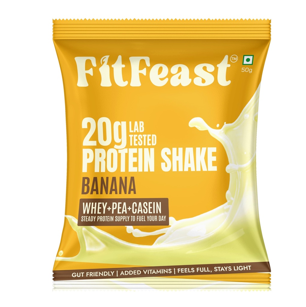 FitFeast Protein Shake Sachet - Pack of 7 | 20g Triple Blend Protein Per Serve| 45:35:20 Whey, Pea & Casein Blend | No Maltodextrin | 0 Added Sugar | As Seen on Shark Tank (Banana)