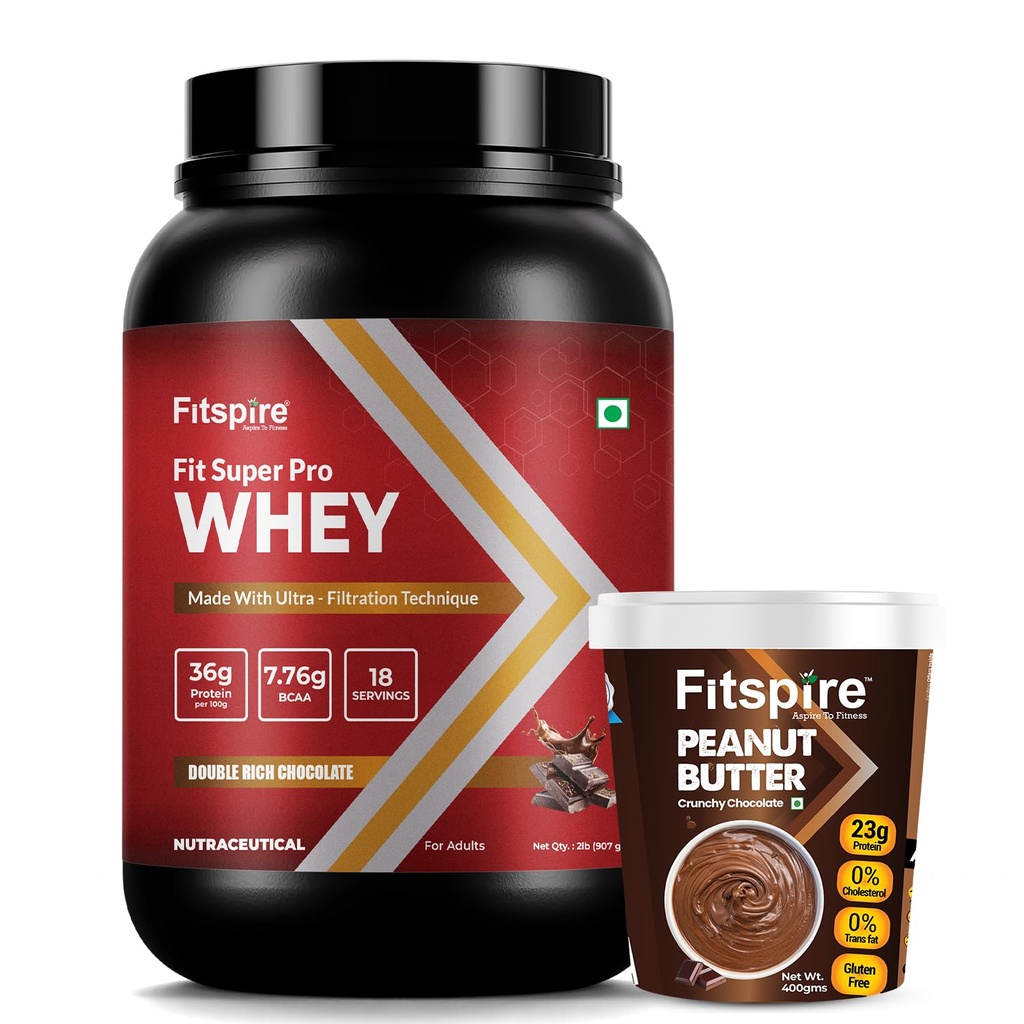Fitspire Fit Super Pro Whey Protein Powder, Double Rich Chocolate, 2 lbs - 36g Protein per 100g - Whey Isolate & Concentrate - With Crunchy Chocolate Peanut Butter 23g Protein - Enzymes and Probiotics - Supports Muscle Growth and Recovery