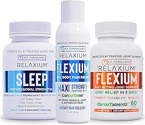 Relaxiumの睡眠の援助60のカプセル+のFlexiumの速い代理の共同サポート60のカプセル+のFlexiumの苦痛のための即刻のスプレー、10.5%のMenthol及びCurcuTame 90のml (家族のパックの睡眠及び接合箇所の束)