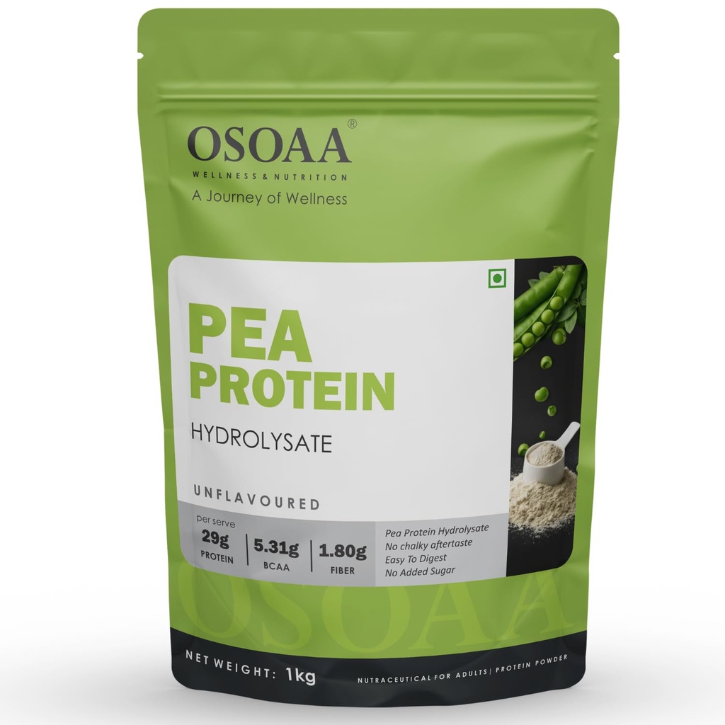 OSOAA Pea Protein Hydrolysate – Unflavoured | 29g Protein, 5.31g BCAA, 1.80g Fiber per Serve | No Chalky Aftertaste, Easy to Digest, No Added Sugar | 1kg (27 Servings)