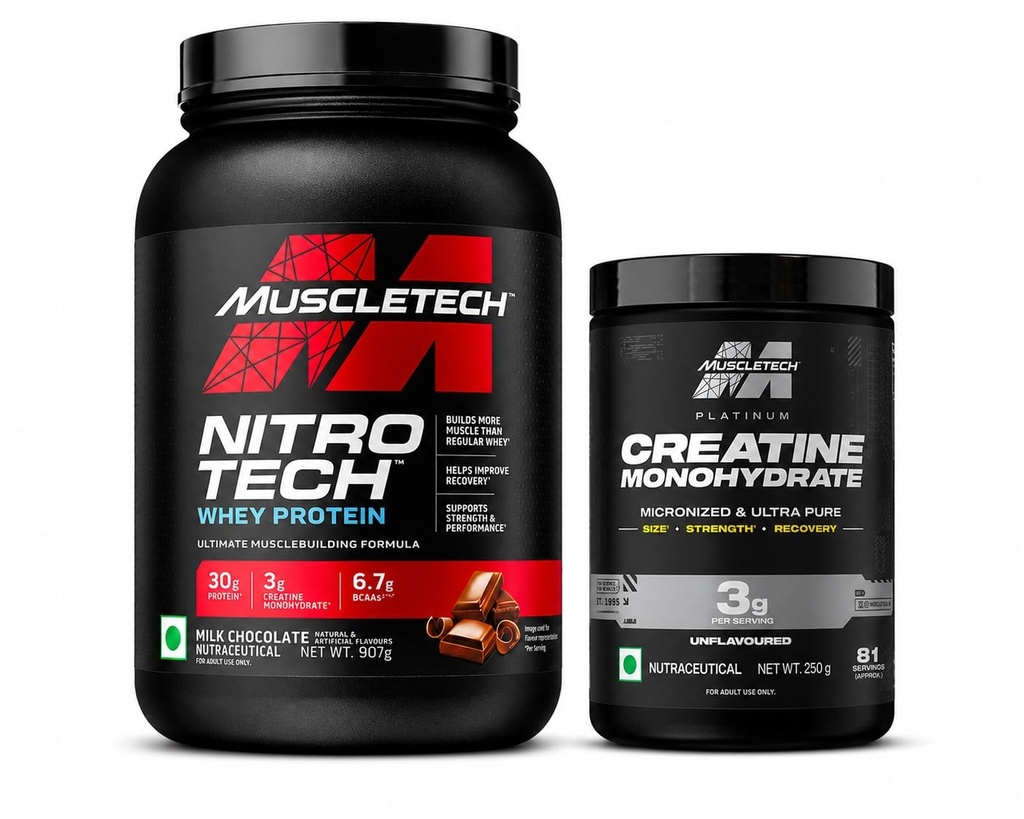 MuscleTech Nitro-Tech Whey Protein, 907g (2lbs), Milk Chocolate and Platinum Creatine Monohydrate Powder | 3 g Creatine Per Serving | Unflavoured