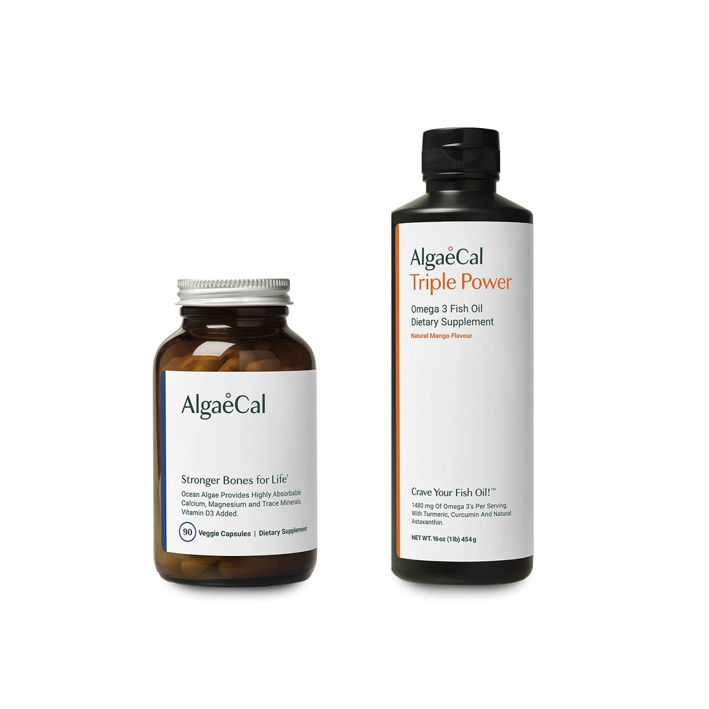 AlgaeCalの束-骨の健康及び強さのためのビタミンD3の植物によって基づくカルシウム補足及び三重力のオメガ3の魚油EPA及びDHAのクルクミン、アスタキサンチンとの自然な液体の乳剤