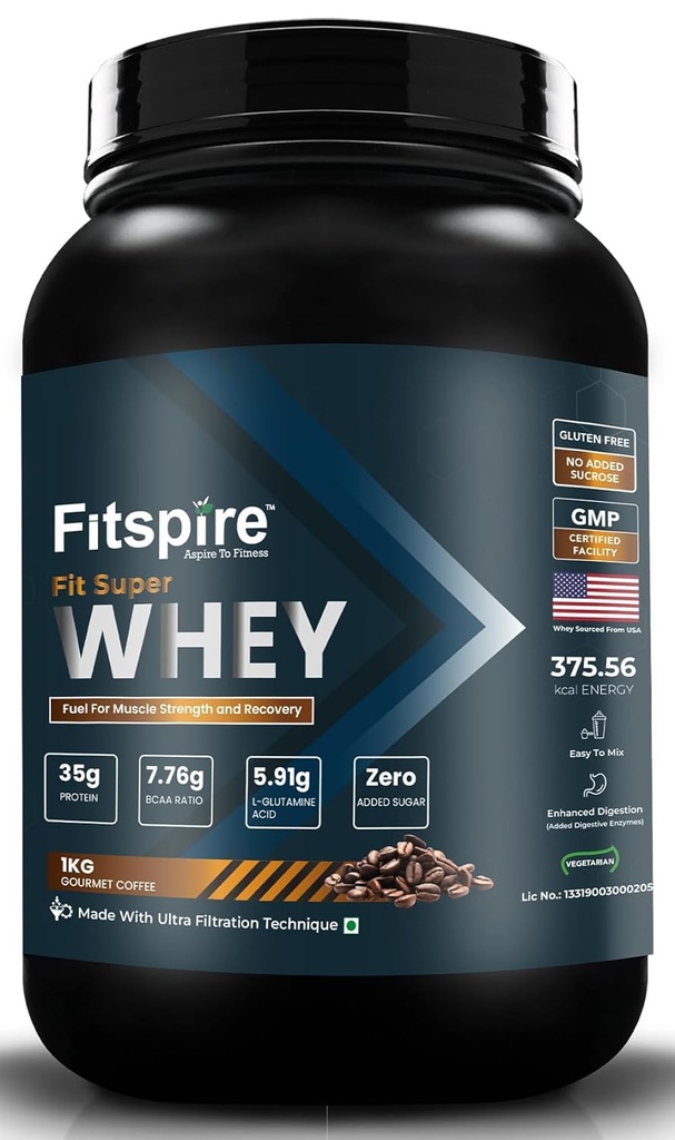 Fitspire Fit Super Whey Protein Powder- Gourmet Coffee- 1kg- No Added Sugar- Muscle Support- High Protein Formula with Digestive Enzymes for Better Absorption- Lean Muscle Growth- Daily Nutrition