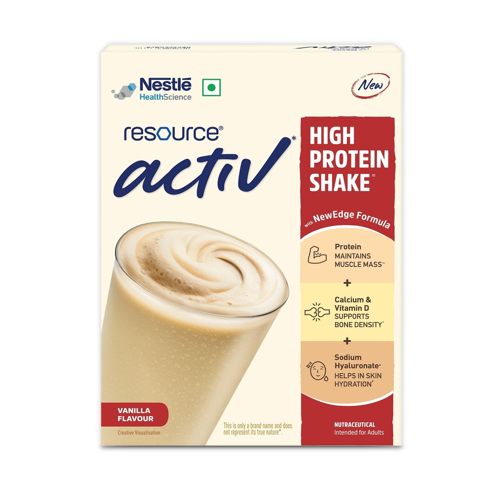RESOURCE Nestlé Active, High Protein Shake with New Edge Formula, Vanilla Flavour, Strengthens Muscles, Bones, Immune System, Improves Skin 400g Bag-in-box pack.