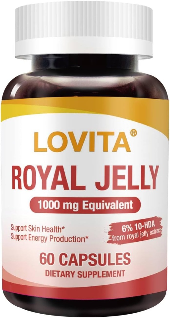 Lovita Royal Jelly 333 mg, 3:1 コンセントレート, 20mg 10-HDA, 天然由来スーパーフード, 皮膚の健康とエネルギーの生産をサポート, 60 カプセル