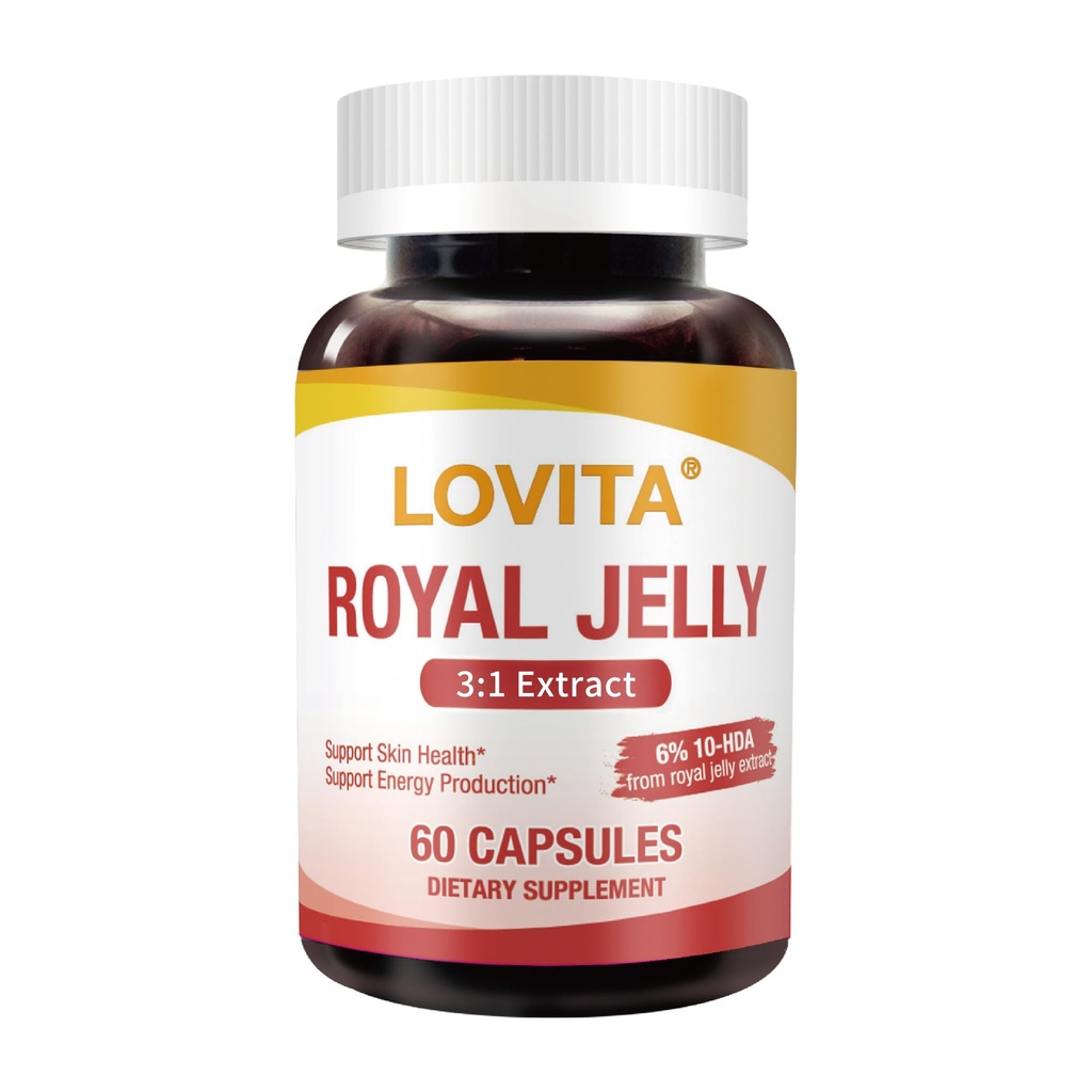 Lovita Royal Jelly 333 mg, 3:1 コンセントレート, 20mg 10-HDA, 天然由来スーパーフード, 皮膚の健康とエネルギーの生産をサポート, 60 カプセル