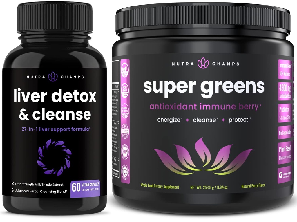 NutraChampsの肝臓の清潔なDetoxのカプセルおよび極度の緑の酸化防止Superfoodの粉の束