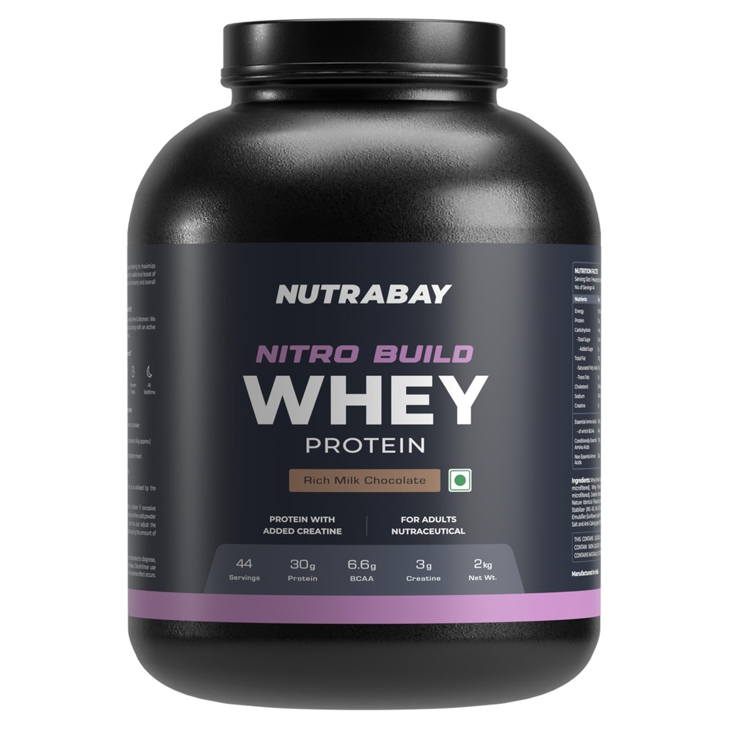 Nutrabay Nitro Build Whey Protein Powder - 2kg, Rich Milk Chocolate | 30g Protein, 3g Creatine Monohydrate, 6.6g BCAA | NABL Lab Tested | Superior Muscle Growth and Recovery