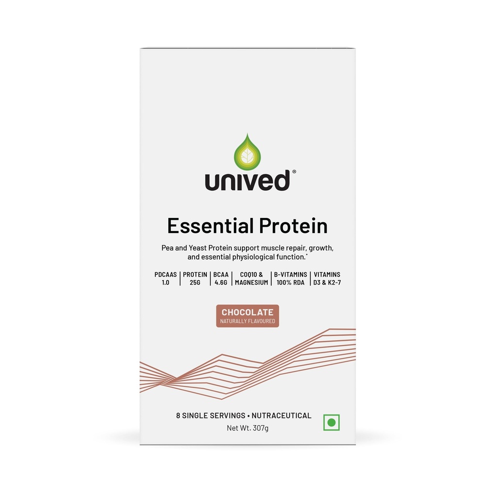 Unived Essential Protein - 25g Pea & Yeast Protein + Multivitamins | B-Complex, D3, K2, CoQ10 | PDCAAS 1.0 | (Pack of 8, Chocolate)