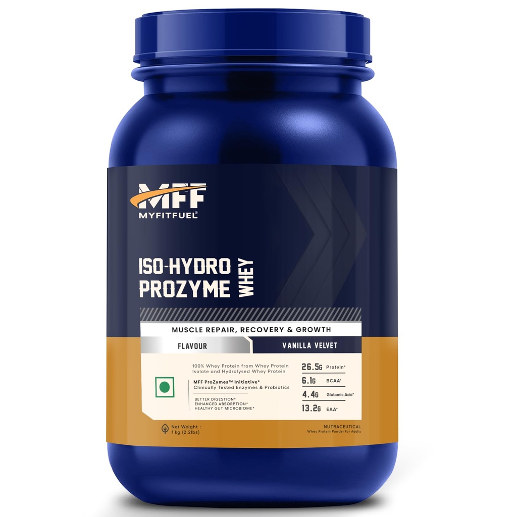 MyFitFuel ISO-HYDRO ProZymes Whey, Low Carb, 100% Pure Whey Protein Isolate & Hydrolysed Whey | Clinical Trial Enzyme & Probiotics For Faster Digestion & Enhanced Absorption | (Vanilla Velvet, 1 Kg)