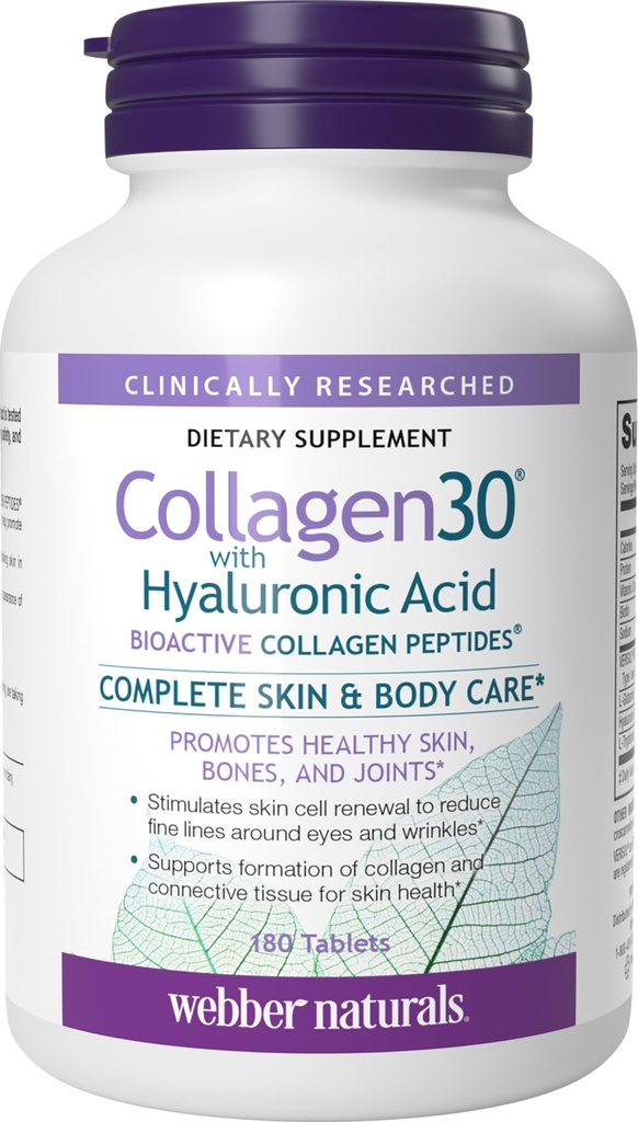 Webber NaturalsはHyaluronic酸、生物活動的なコラーゲンのペプチッド、180のタブレット、助けは目のしわおよび良い顔ライン、非GMOを減らします