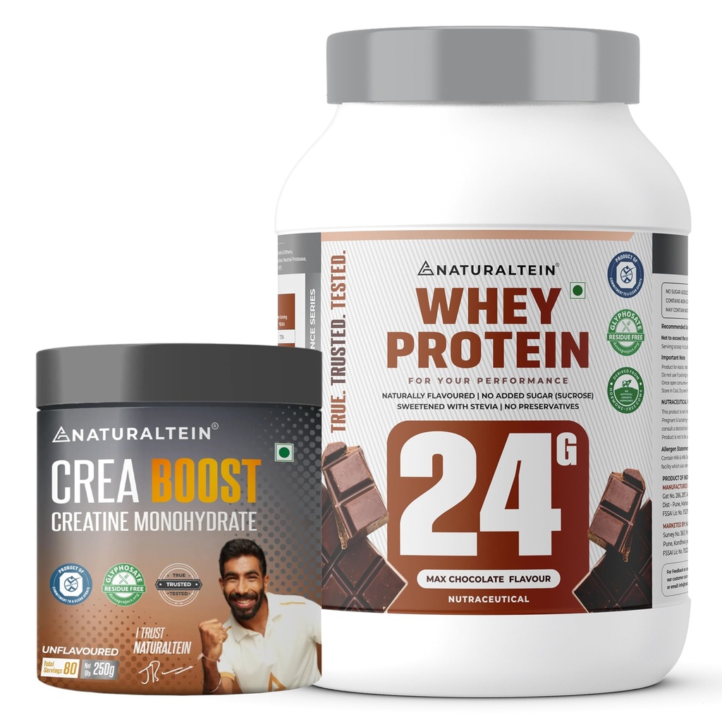 Naturaltein Whey Protein 1kg Max Chocolate + Creatine Monohydrate Unflavoured 250g (83 Servings) | Protein Powder for Muscle Gain, Strength, Recovery & Performance Combo