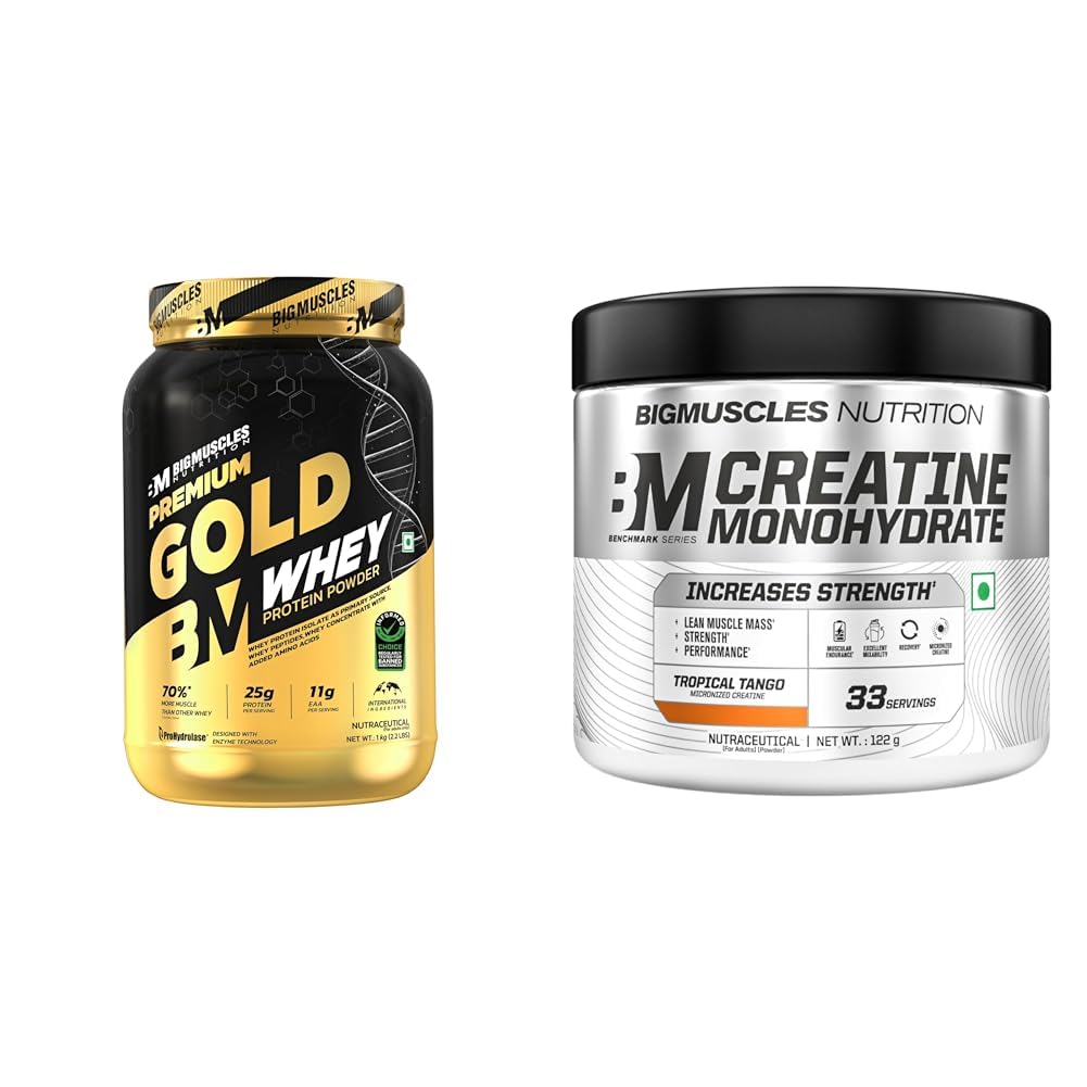Bigmuscles Nutrition Premium Gold Whey [1Kilogram, Double Rich Chocolate] |Informed Choice UK Cert | Bigmuscles Nutrition Creatine Monohydrate (33 Servings, Tropical Tango) | Micronised Creatine Powd