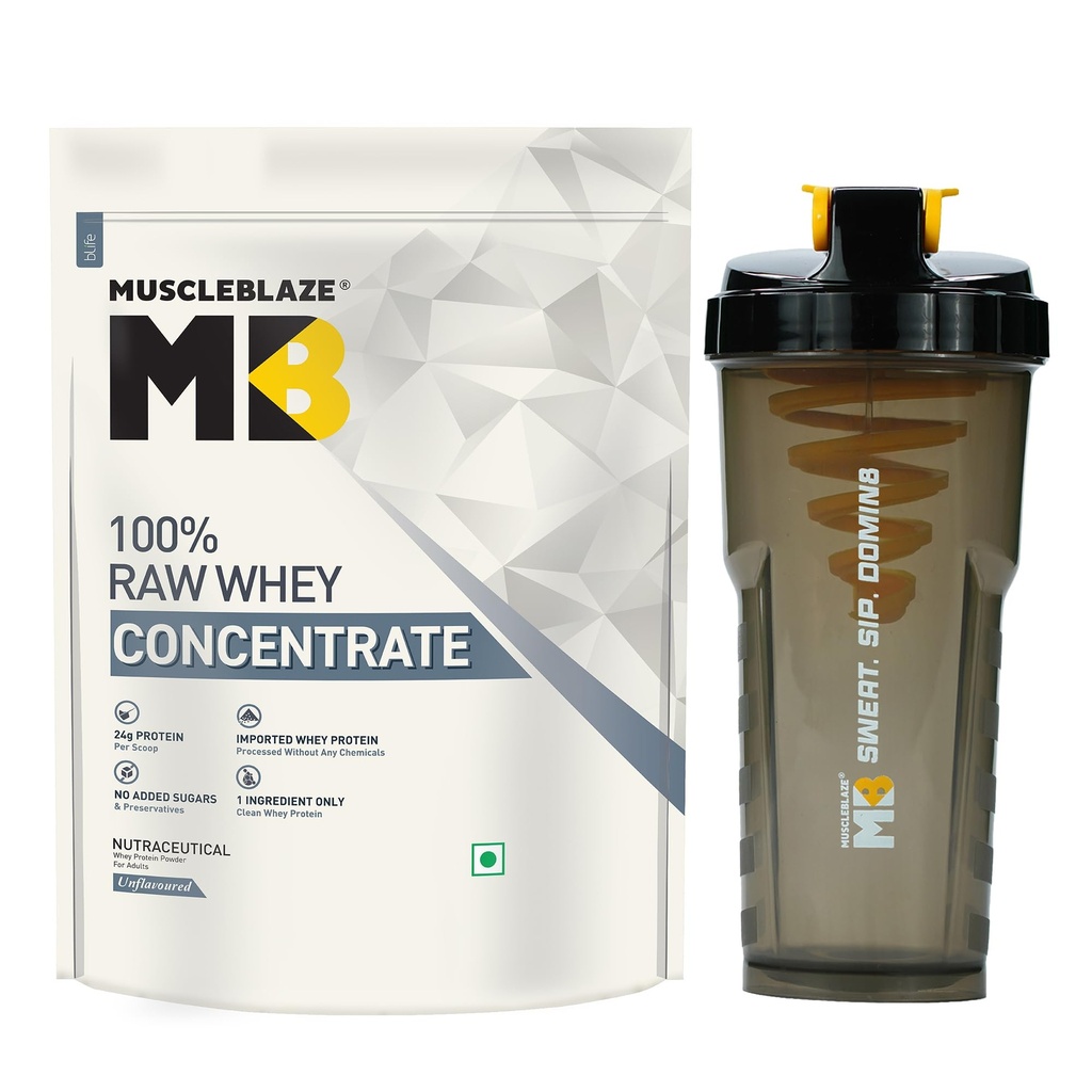 MuscleBlaze 100% Clean Raw Whey Protein Concentrate, 1kg (2.2lbs) + Shaker
