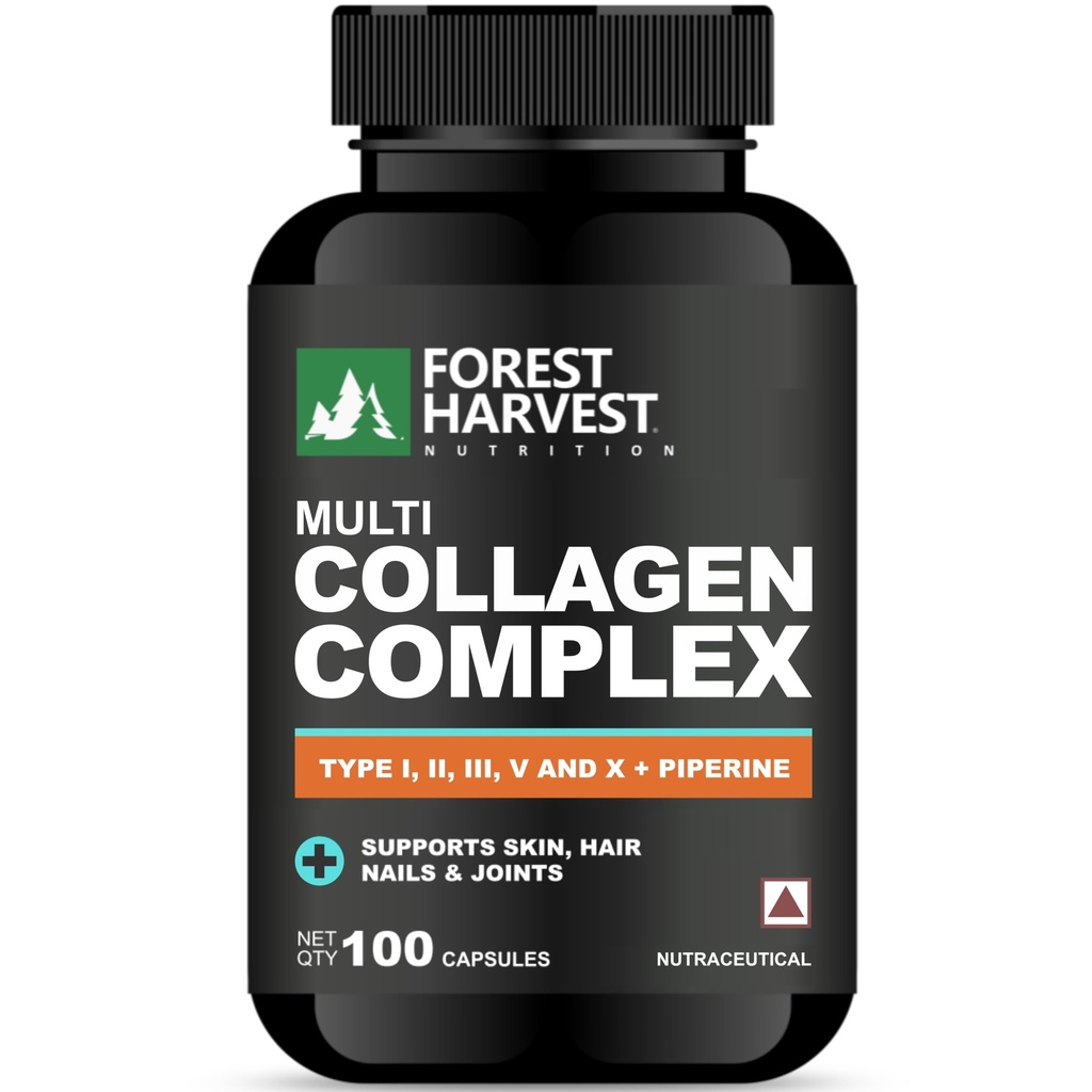 Multi Collagen Complex with Piperine | Types I, II, III, V & X | Supports Skin Elasticity, Hair Strength, Joint & Bone Health | Enhanced Absorption Formula | 100 Capsules | WHO-GMP, HACCP & ISO Certified