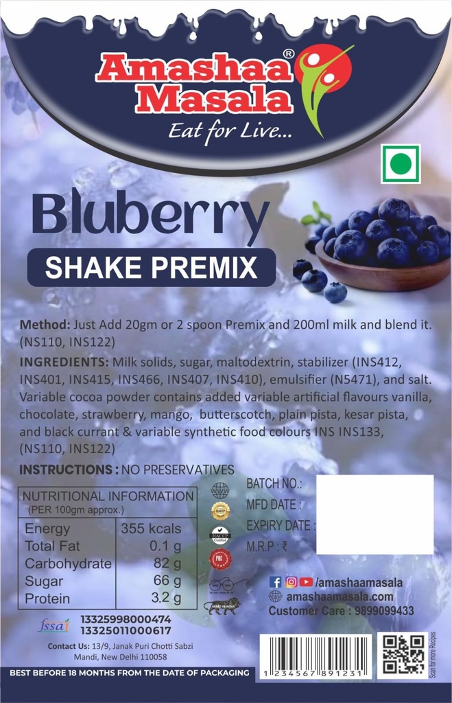 Amashaa Masala Blueberry Shake Premix, No Preservatives
