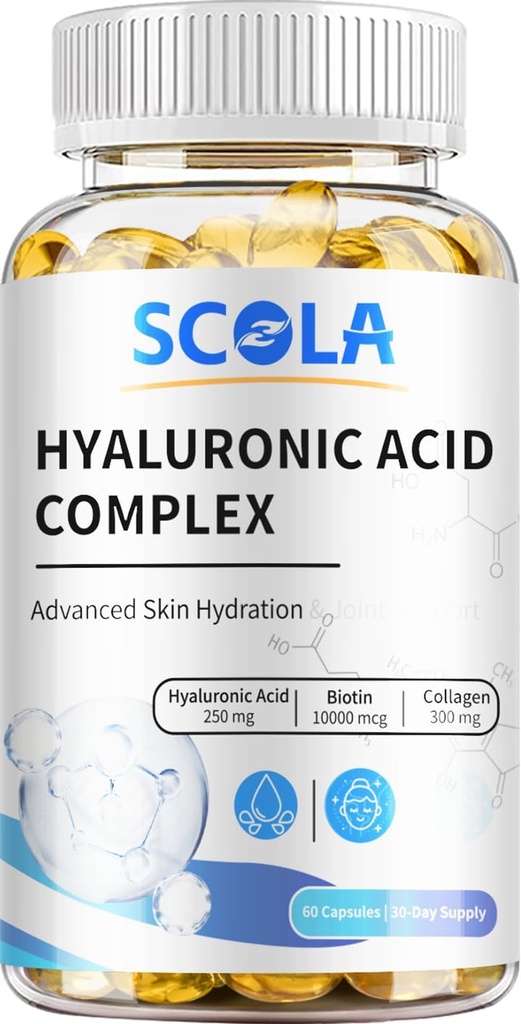 SCOLA ヒアルロン酸カプセル - 250mg HA + 10,000mcg ビオチン、60 ビーガンカプセル | ディープハイドレーション、ヘア&ネイルサポート | 非GMOフォーミュラ