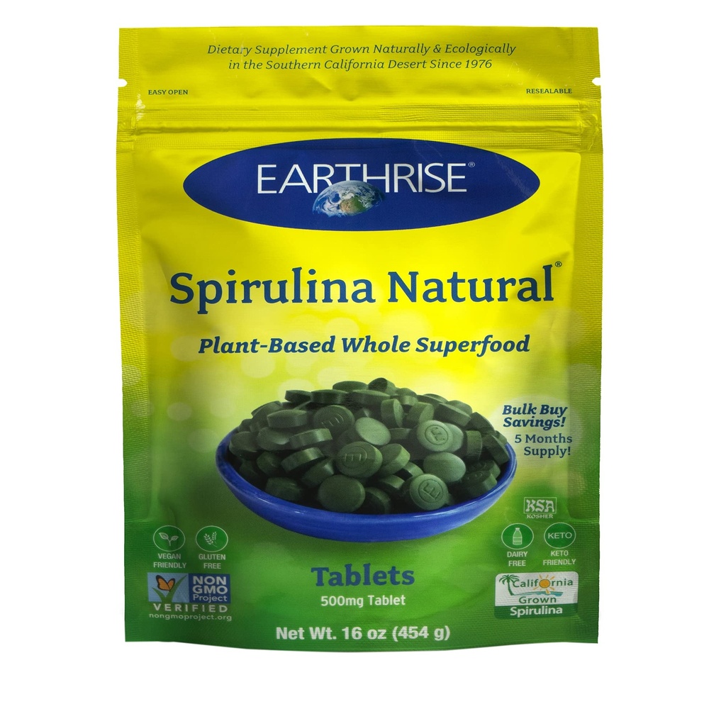 Earthrise Spirulina, ピュア カリフォルニア Spirulina 500 mg, 完全菜食主義者の, グルテンフリー, Ketoフレンドリー, ビタミン&ミネラルの高い非GMOスーパーフード., 1 LB錠 (150 サービング)