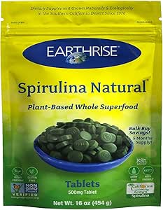 Earthrise Spirulina, ピュア カリフォルニア Spirulina 500 mg, 完全菜食主義者の, グルテンフリー, Ketoフレンドリー, ビタミン&ミネラルの高い非GMOスーパーフード., 1 LB錠 (150 サービング)