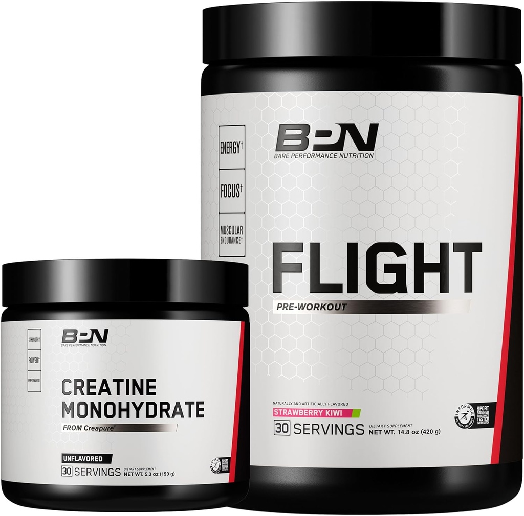 BARE PERFORMANCE NUTRITION BPN クレアチン モノハイドレート & フライト プレワークアウト (イチゴ キウイ) バンドル