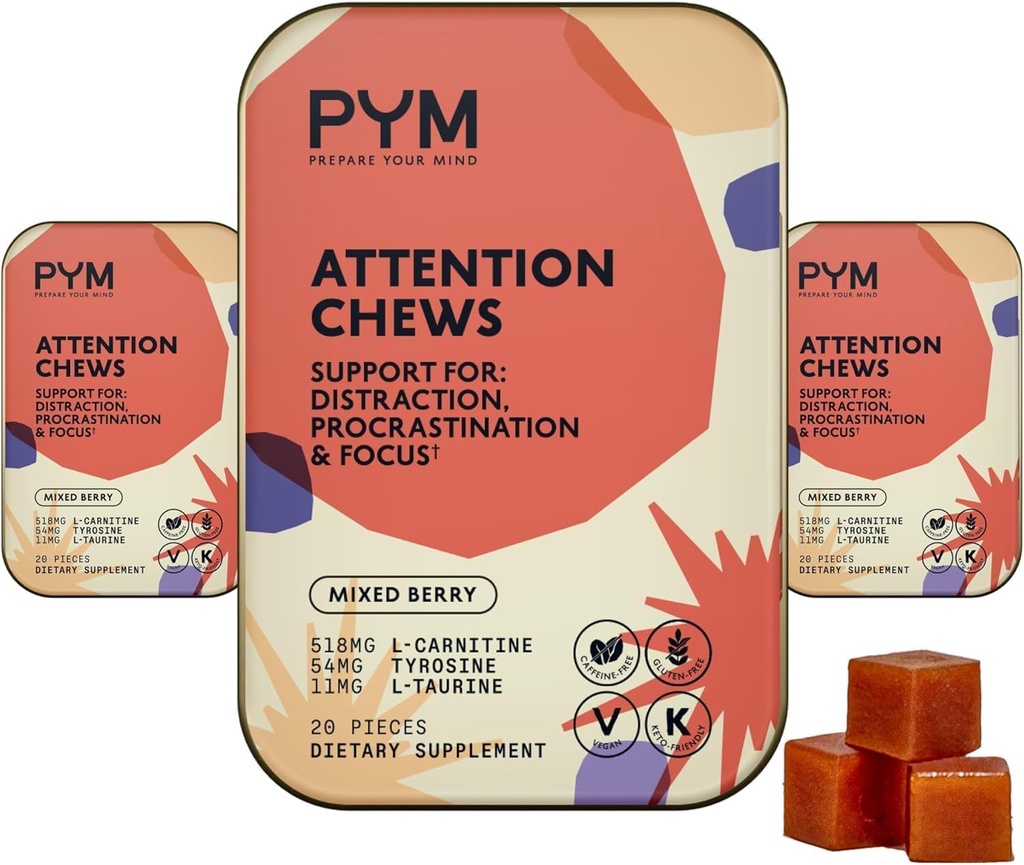 PYM の保持の咀嚼は Procrastination、焦点及び生産性、60 の計算のために支えます | 518mg L カルニチン、54mg のチロシン、11mg L タウリン - カフェインフリー | 米国でなされる全自然な気分のブーストの補足
