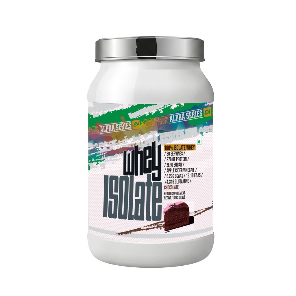 Absolute Nutrition Alpha Series Whey Protein Isolate Powder | 27g Protein per Serving | Zero Added Sugar | DigeZyme Digestive Enzymes | Apple Cider Vinegar | 1kg (Chocolate)