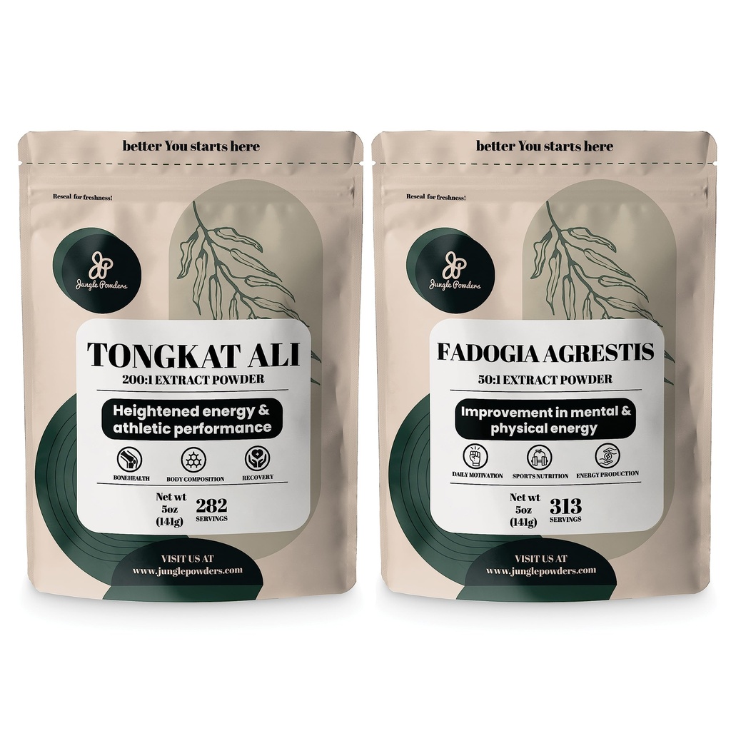 Jungle Powders Tongkat Ali Powder for Men 200:1 Extract, Fadogia Agrestis Extract Powder for Men 50:1 Concentration 5oz Supplement