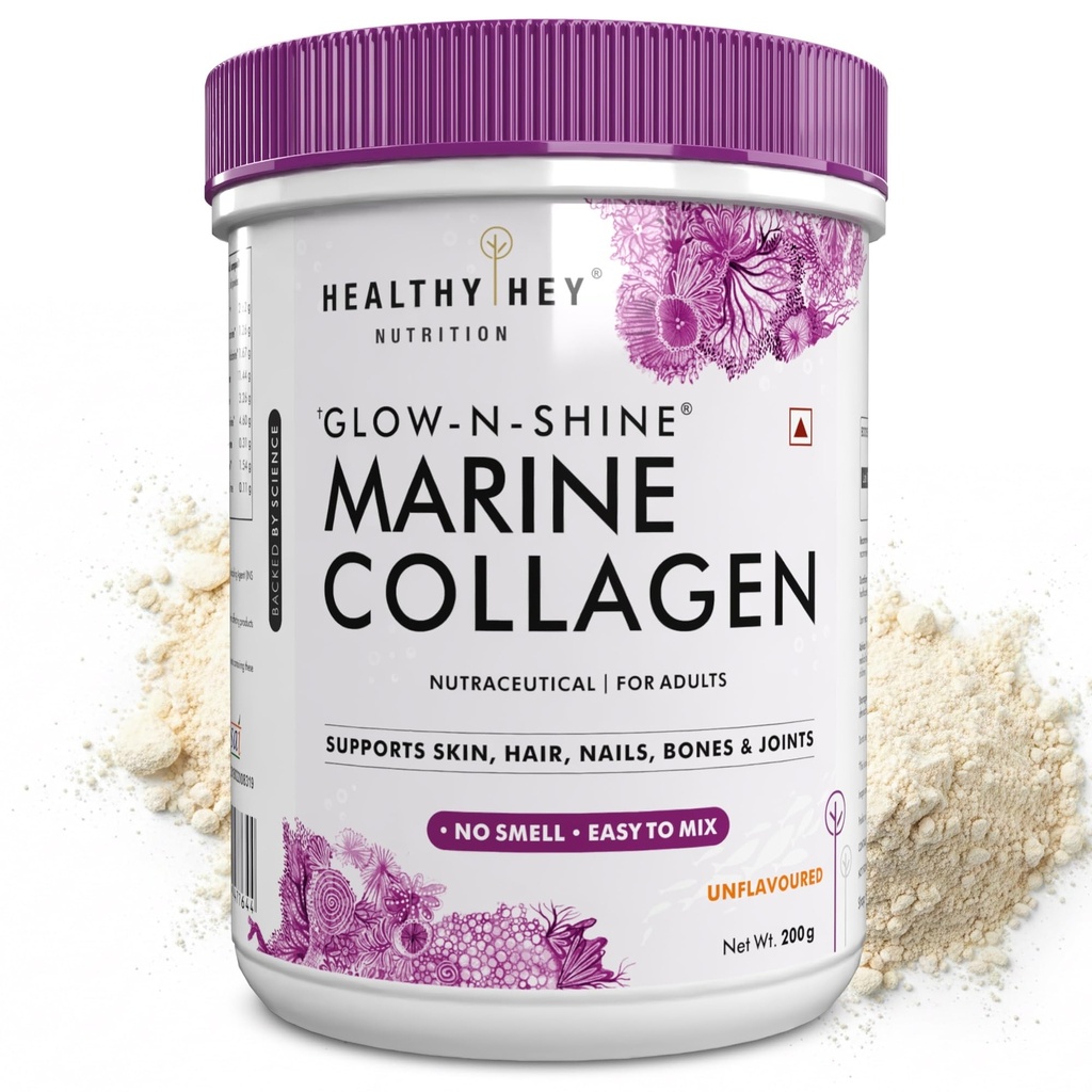 HealthyHey Glow-N-Shine Marine Hydrolyzed Fish Collagen Peptides | Type 1 & 3 Collagen Supplement with Hyaluronic Acid | For Skin, Hair, Nails (Unflavoured, 200,g)