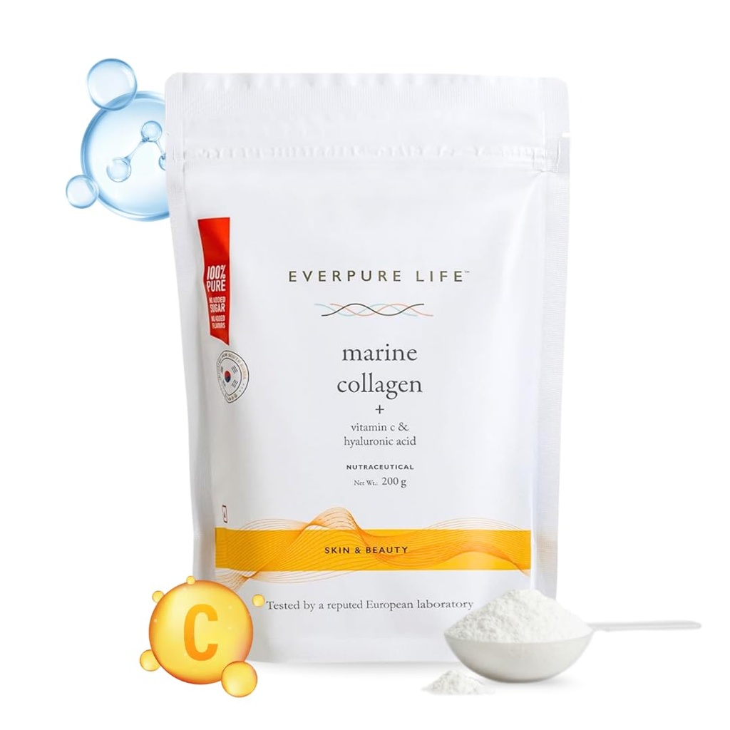 Vitamin C & Hyaluronic Acid Marine Collagen Powder (200g) | Hydrolysed Korean Supplement Peptides for Healthy, Glowing Skin | No Added Sugar & Unflavoured | For Men & Women