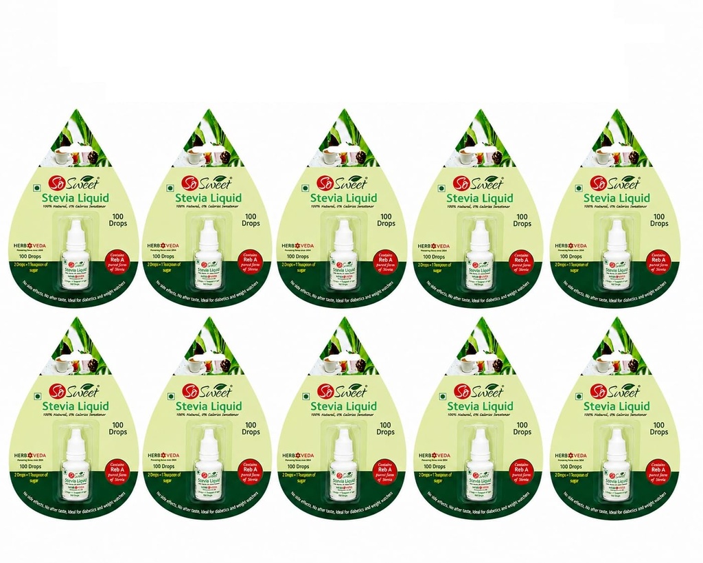 So Sweet Stevia Liquid Sugar Free Natural Zero Calorie Sweetener (Pack of 10) 1000 Drops - (100 Drops Each)