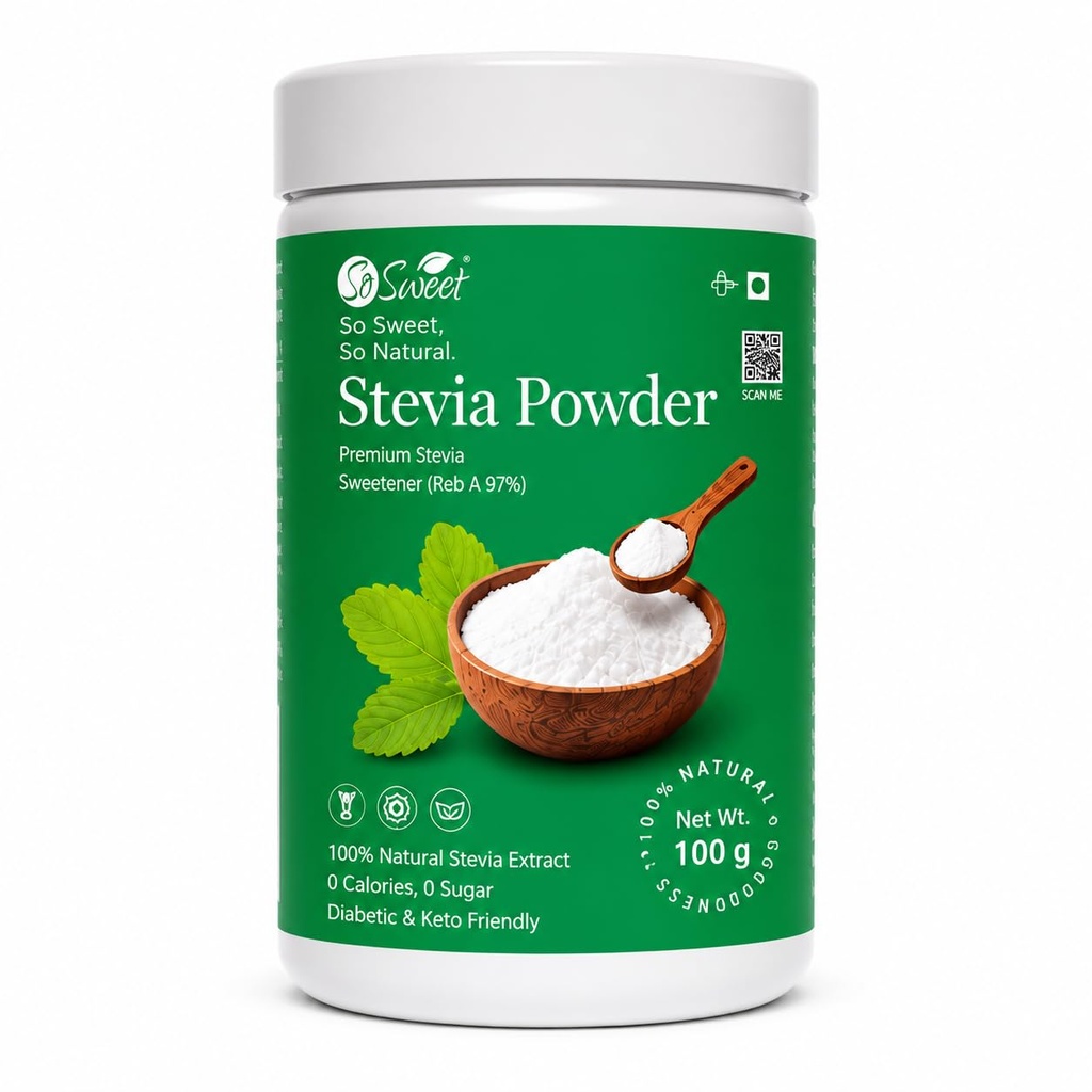So Sweet Stevia Powder 100g | Natural Sugar Free Sweetener | Zero Calorie Sugar Substitute for Tea, Coffee & Baking | Keto Friendly | Diabetic Friendly