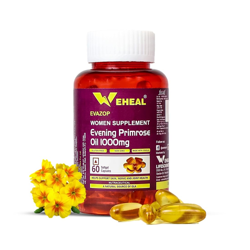 Evening Primrose Oil Capsules 1000mg – PMS, Skin, Hormone & Joint Support – Non-GMO Primrose Oil for Women – 60 Softgels – Pack 1