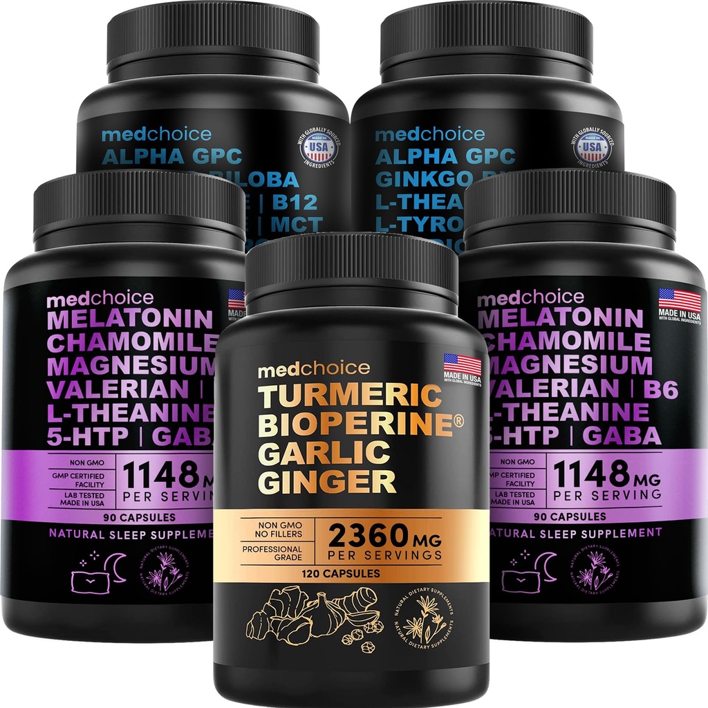 MEDCHOICEターメリック&ジンジャー(120ct)、睡眠メラトニン(180ct)、および向知性脳(120ct)サプリメントバンドル - 脳のためのウェルネストライオ、睡眠、免疫サポート - ビーガン、非GMO、グルテンフリー