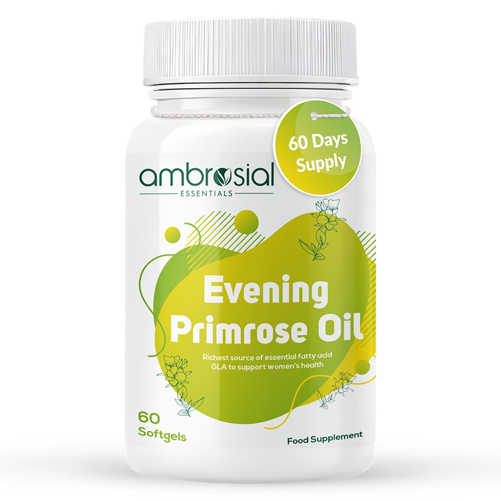 AMBROSIAL Evening Primrose Oil (EPO) 1000mg | 60 Capsules | Rich Source of Omega 6 & GLA |Women’s Daily Wellness Support| Non-GMO, Gluten Free | No Artificial Preservatives (Pack of 1-60 Softgels)