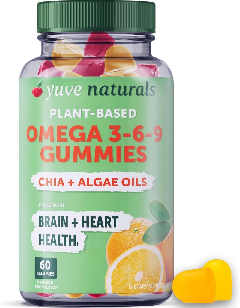 Yuve Vegan Omega 3-6-9 & DHA Gummies - Delicious for Kids, Men & Women - Made from Algae & Chia - NO Fish Oil, NO Krill - Essential Fatty Acid Supplement - Non-GMO, Gluten-Free, Plant-Based - 60ct