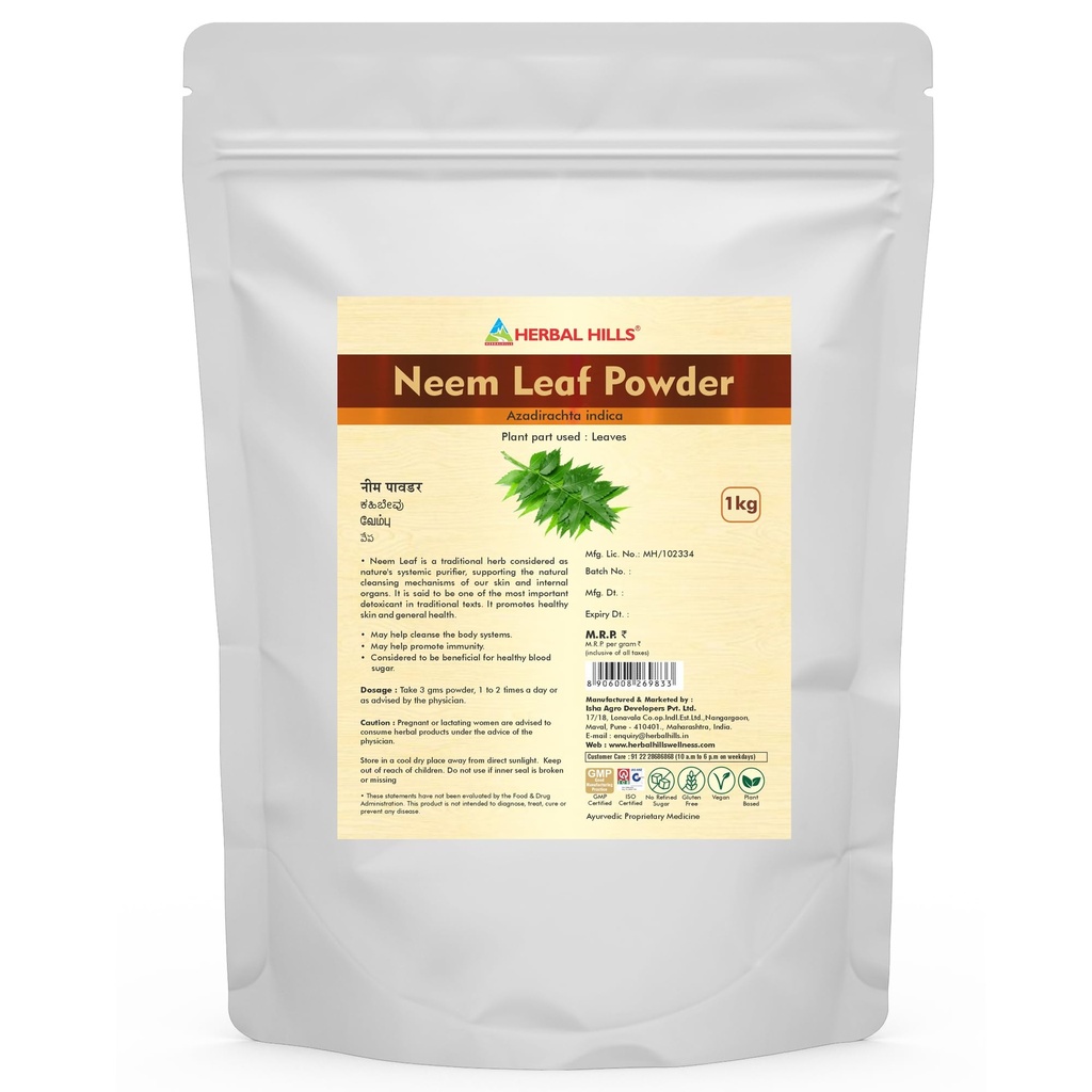 Herbal Hills Neem Powder, (1kg Pack) | Supports Clear Skin, Acne Control & Hair Growth | Neem Churna For Pimple-Free Face & Scalp Detox | With Azadirachta Indica Leaf