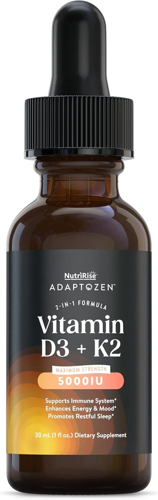NutriRiseのビタミンD3 K2は5000 IUを落とします:免疫のビタミン、エネルギーのためのサポート、健康及び接合箇所の慰め、菜食主義者、人及び女性のための液体の方式を取ること容易+ MCTオイル、グルテンフリーのグルテンフリー、1つのflのoz